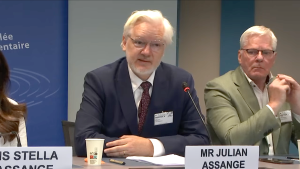Julian Assange addressing the Committee on Legal Affairs and Human Rights of the Parliamentary Assembly of the Council of Europe.
