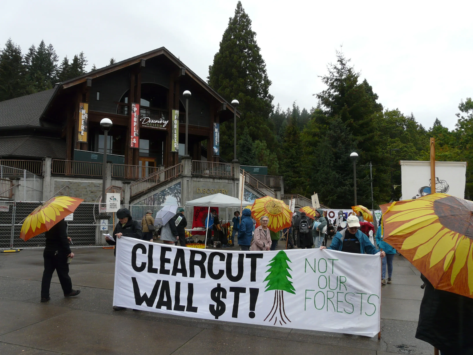 Climate activists protesting forest biomass outside a conference at the World Forestry Center in Portland, Oregon last month.