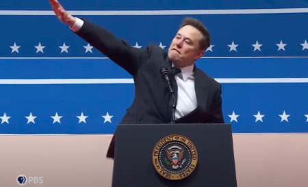Thereās No Popular Mandate for this Fascist Madness Image of Elon Musk appearing to give a Nazi salute.