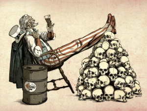 Cartoon of Uncle Sam sipping wine while sitting next to a barrel of oil, using a pile of skulls as a footrest