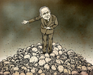 Cartoon of Netanyahu standing on a pile of skulls